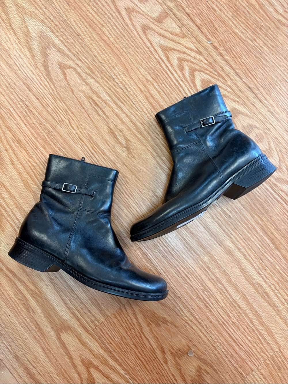 Black Leather Clarks Ankle Boots with Buckle Detail